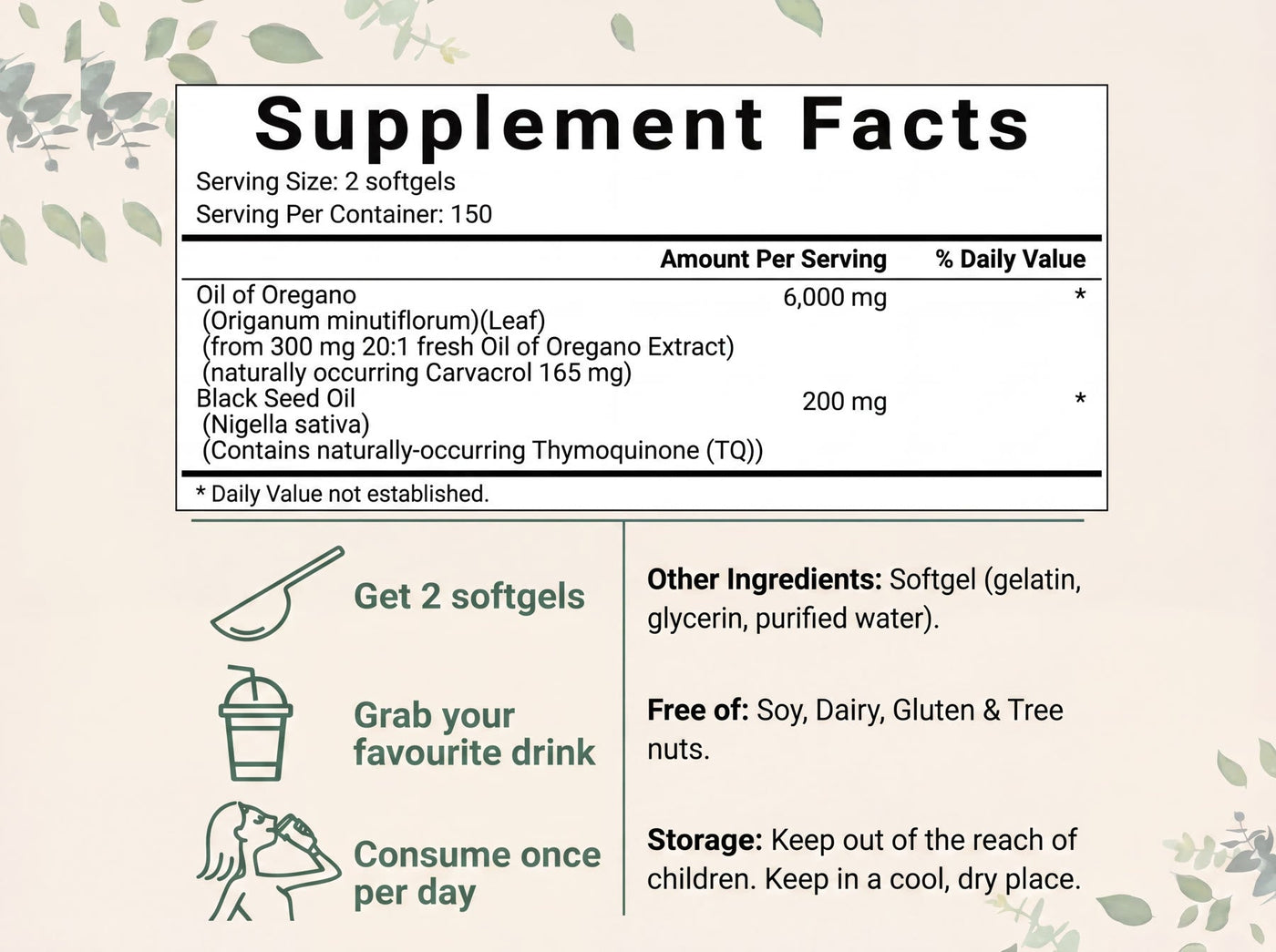 Oregano oil softgel capsules — supplement facts
